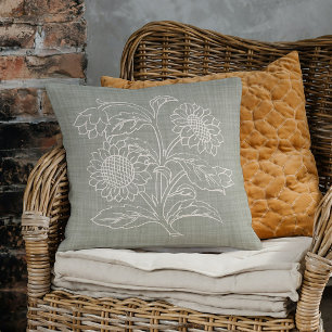 Chic Botanical Ivory Sunflowers Art On Sage Green Cushion