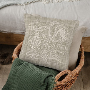 Chic Botanical Ivory Sunflowers On Dark Beige Cushion