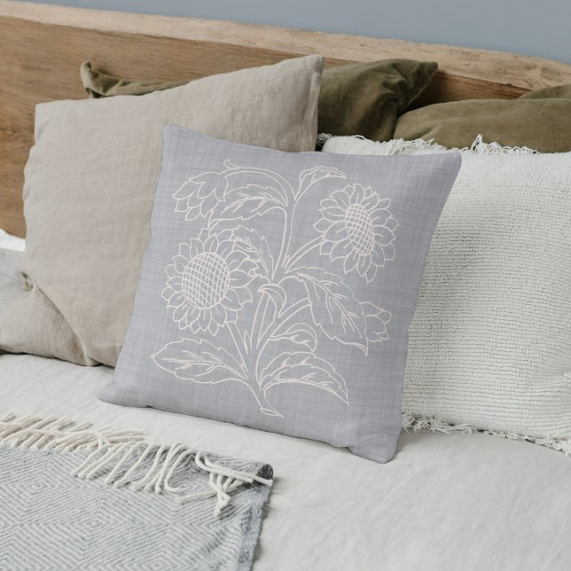 Chic Botanical Ivory Sunflowers On Light Grey Cushion (Creator Uploaded)