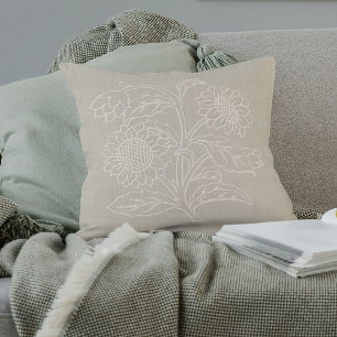 Chic Botanical Ivory Sunflowers On Oatmeal Beige Cushion
