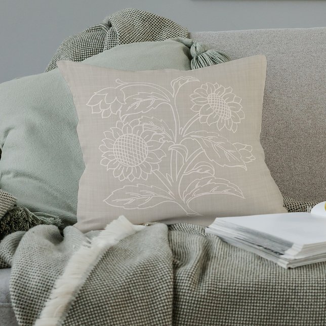 Chic Botanical Ivory Sunflowers On Oatmeal Beige Cushion (Creator Uploaded)