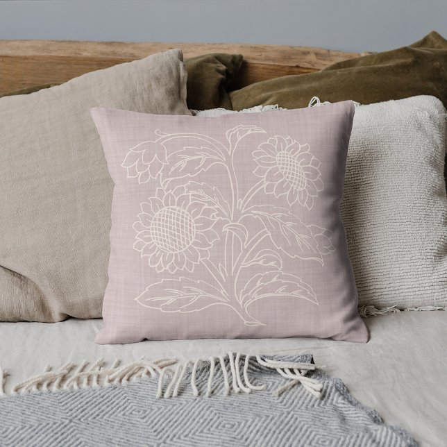 Chic Botanical Ivory Sunflowers On Rose Blush Pink Cushion (Creator Uploaded)