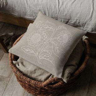 Chic Botanical Ivory Sunflowers On Sand Brown Cushion