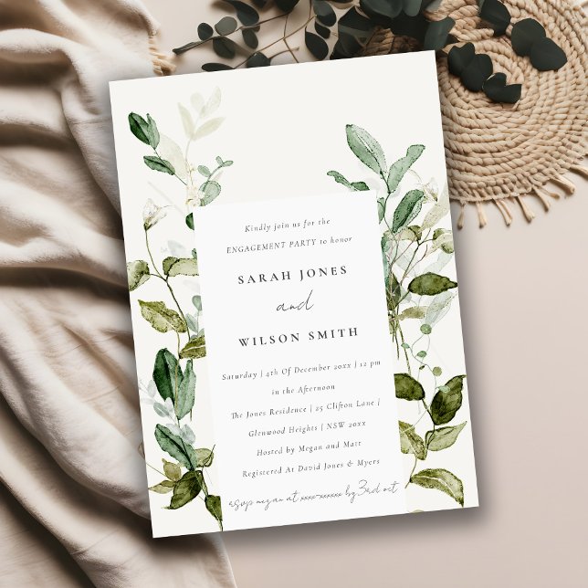 Chic Botanical Leafy Foliage Watercolor Engagement Invitation (Creator Uploaded)