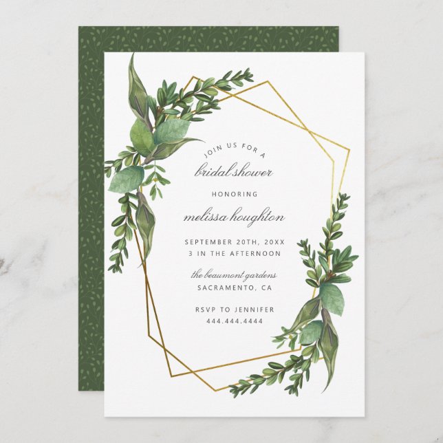 Chic Botanical Leaves Gold Geometric Bridal Shower Invitation (Front/Back)