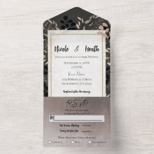 Chic Botanical Leaves Grey Blush Gold Wedding     All In One Invitation