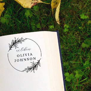 Chic Botanical Leaves Script Ex Libris Custom Name Rubber Stamp