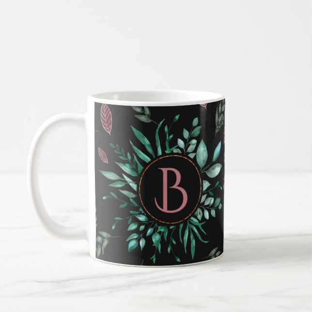 Chic Botanical Monogram in Green, Wine-Red & Black Coffee Mug (Left)