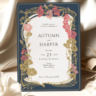 Chic Botanical Navy and Blush Wedding Invitation