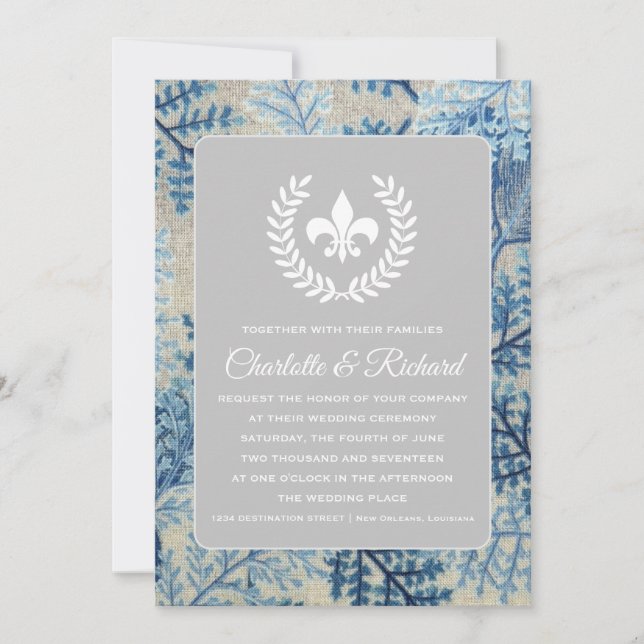 Chic Botanical & Navy Floral French Fleur De Lis Invitation (Front)