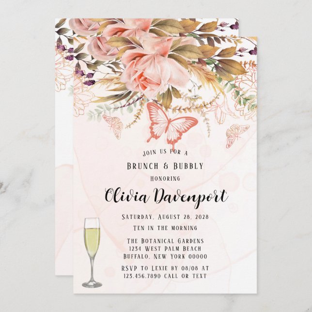 Chic Botanical Peony Butterfly Brunch & Bubbly Invitation (Front/Back)