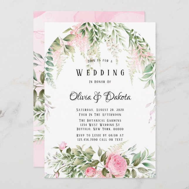 Chic Botanical Pink Wisteria Floral French Wedding Invitation (Front/Back)