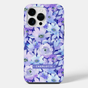 Chic Botanical Purple Blue Watercolor Floral Name iPhone 14 Pro Max Case