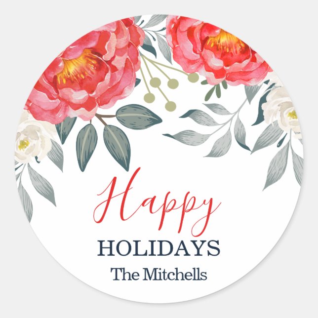 Chic Botanical Red Ivory Floral Christmas Holiday Classic Round Sticker (Front)