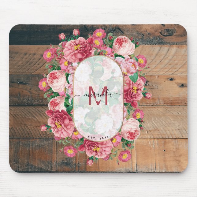 Chic Botanical Vintage Wreath Monogram Wood Mouse Pad (Front)
