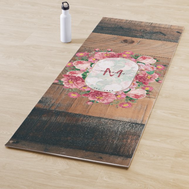 Chic Botanical Vintage Wreath Monogram Wood Yoga Mat (In Situ)