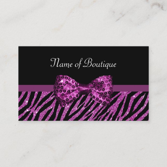 Chic Boutique Purple Zebra Print FAUX Glitz Bow Business Card (Front)