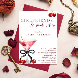 Chic Bow Cherry Martini Galentines Dinner Party Invitation