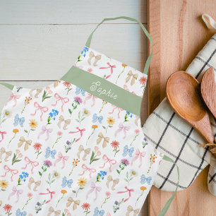 Chic Bow Green Floral Elegance Pattern Baking Apron