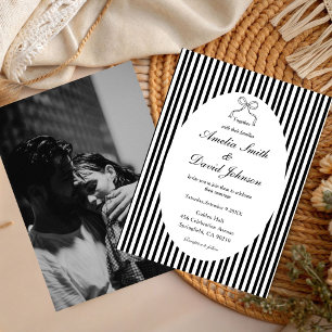 Chic Bow Minimalist Stripe Black white Wedding Invitation