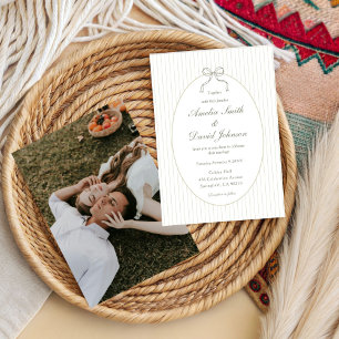 Chic Bow Minimalist Stripe Green Wedding  Invitation