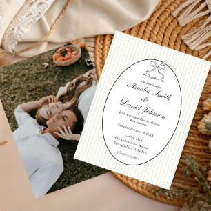 Chic Bow Minimalist Stripe Green Wedding  Invitation