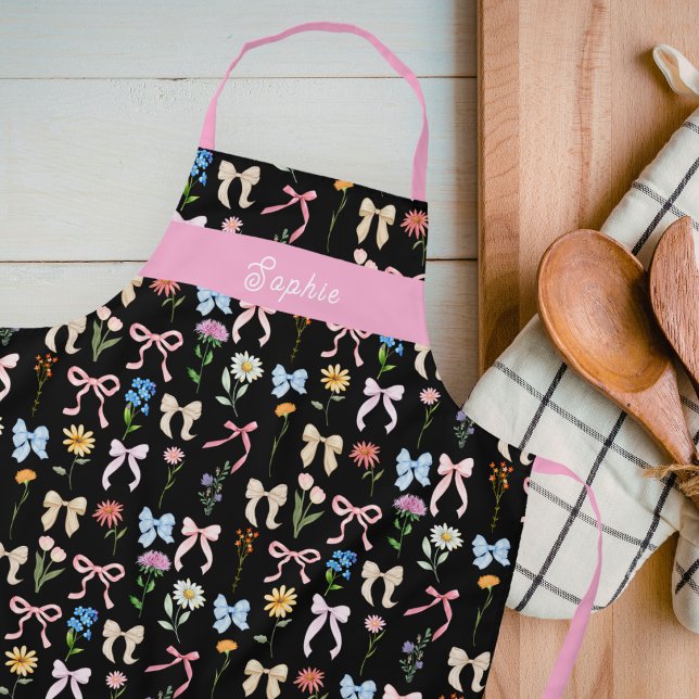 Chic Bow Pink Black Floral Elegance Pattern Baking Apron (Creator Uploaded)