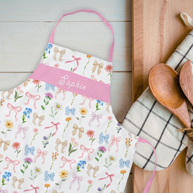 Chic Bow Pink Floral Elegance Pattern Baking Apron (Creator Uploaded)