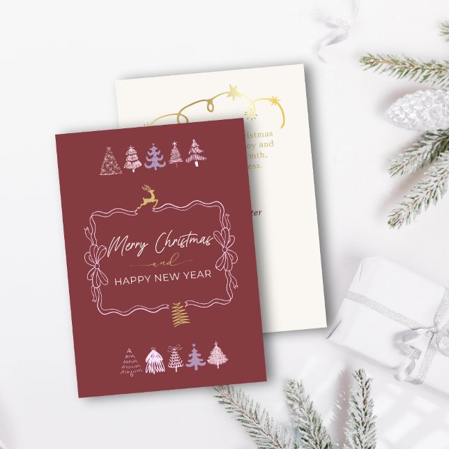 Chic Bow & Trees Doodle Deep Crimson Holiday Card (Chic Bow & Tree Doodle Deep Crimson Holiday Card)