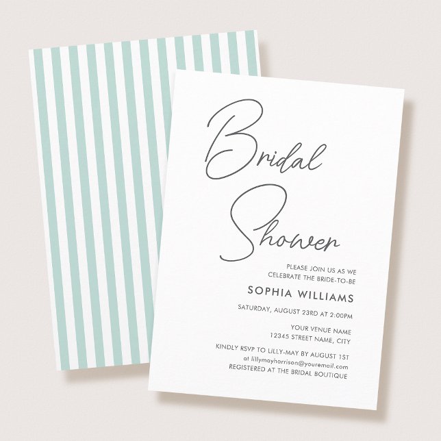 Chic Bridal Shower Modern Script Teal Stripes Invitation (Creator Uploaded)