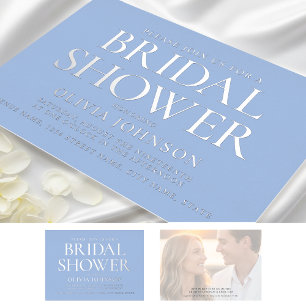 Chic Bridal Shower Photo Typography Blue Silver