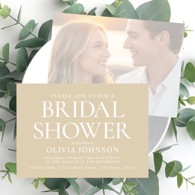 Chic Bridal Shower Photo Typography Wedding Beige Invitation (Creator Uploaded)