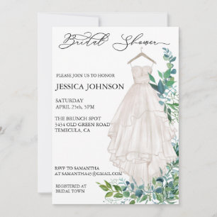 Chic Bridal Shower Wedding Dress Eucalyptus Leaves Invitation