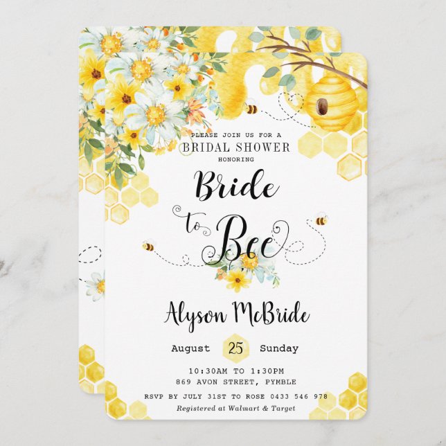 Chic Bride to Bee Yellow Floral Bridal Shower Invitation (Front/Back)