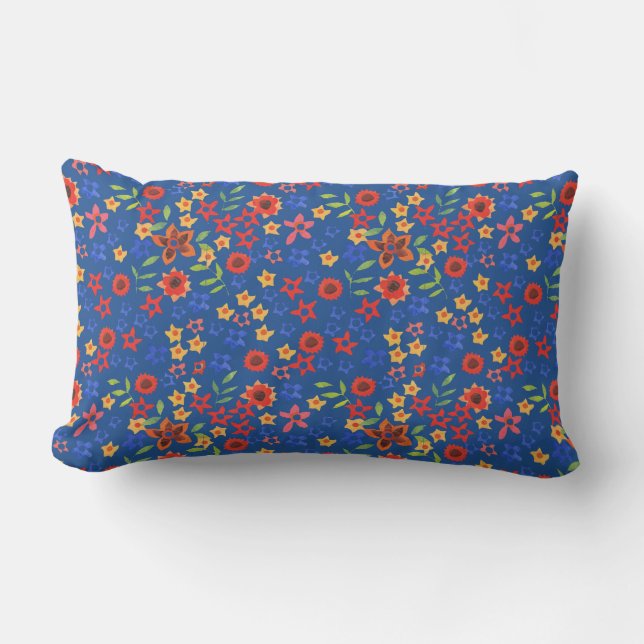 Chic Bright Floral Miniprint on Blue Lumbar Pillow (Front)