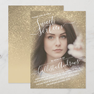 Chic Bright Gold Glitter Ombre Photo Graduation Invitation