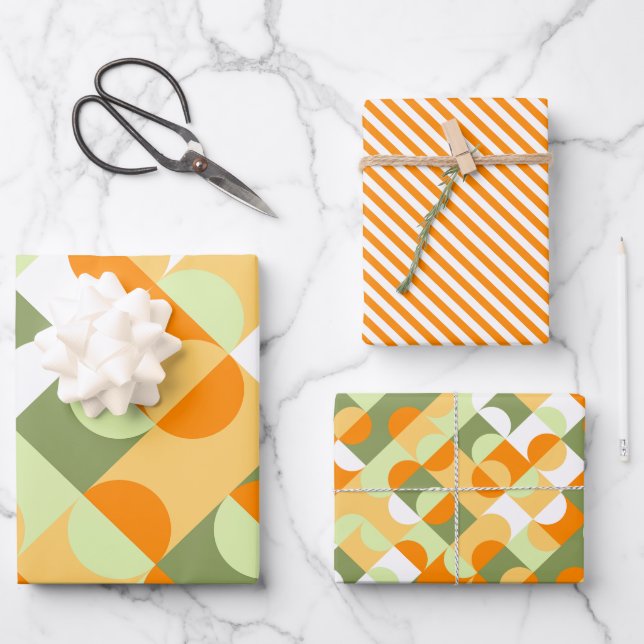 Chic Bright Green Sunny Orange Circles Art Pattern Wrapping Paper Sheet (Front)