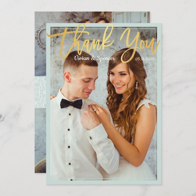 Chic Bright Mint Faux Gold Script Photo Thank You (Front/Back)
