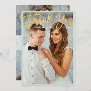 Chic Bright Mint Faux Gold Script Photo Thank You