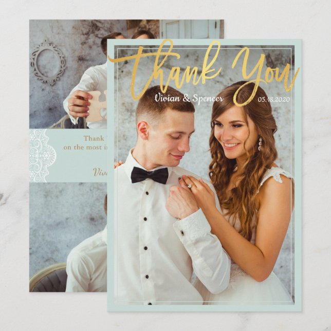 Chic Bright Mint Faux Gold Script Photo Thank You Card (Front/Back)