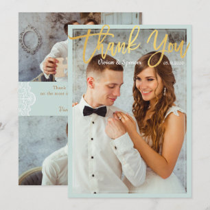 Chic Bright Mint Faux Gold Script Photo Thank You Card
