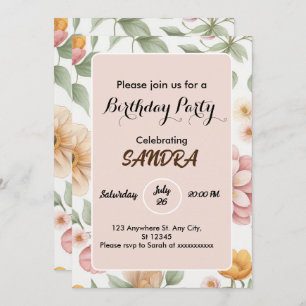 chic bright Pink Garden Floral Birthday Invitation