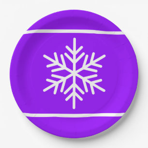 Chic Bright Purple White Stripes Nordic Snowflakes Paper Plate