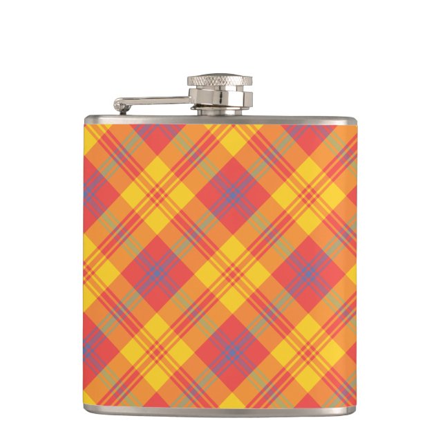 Chic Bright Red, Yellow and Blue Plaid Hip Flask (Front)
