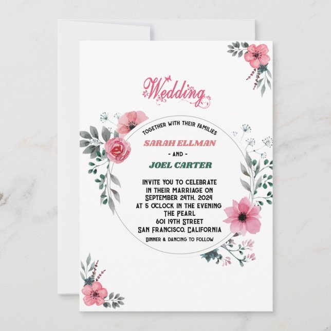 chic Bright  Watercolor Floral Wedding Invitation (Front)
