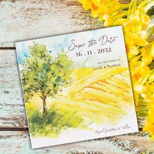 Chic Bright Yellow Farmland Landscape Wedding Announcement