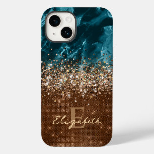 Chic Bronze Turquoise Glitter Marble monogram Case-Mate iPhone 14 Case
