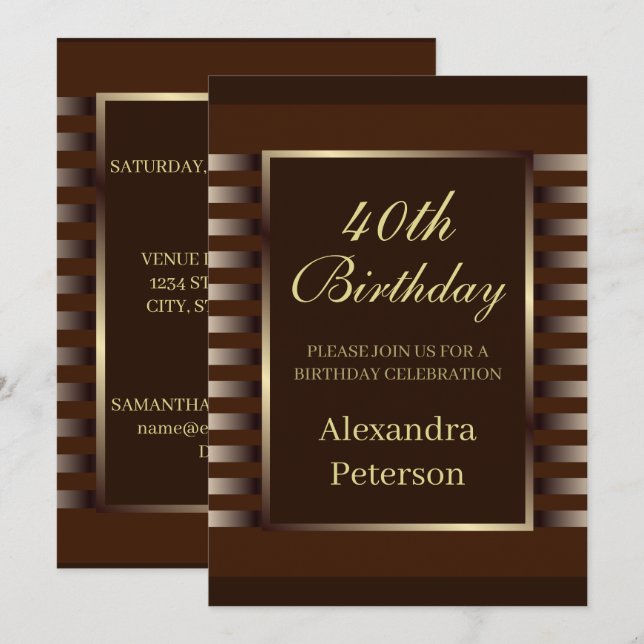 Chic Brown And Gold Stripes Geometric Birthday Invitation (Front/Back)