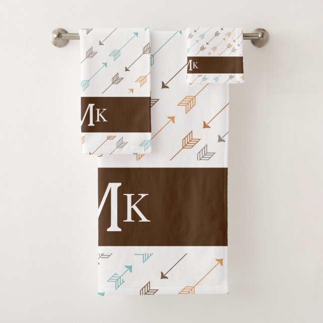 Chic Brown and Turquoise Tribal Arrow Monogrammed Bath Towel Set (Insitu)