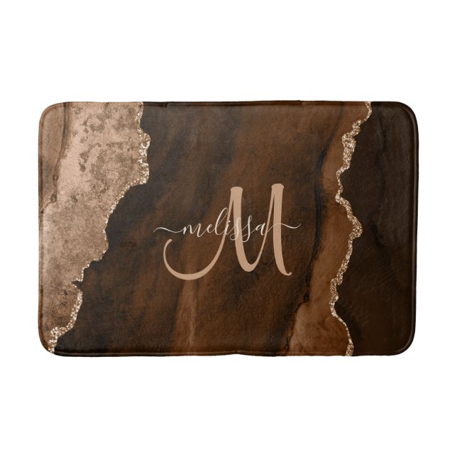 Chic Brown Blush Glitter Agate Custom Monogram Bath Mat (Front)